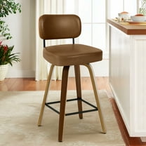 WOOW DEPOT PU Swivel Counter Height Bar Stools Set of 1, 29" Upholstered Brown Modern Kitchen Barstools w/ Faux Leather Mid-Back & Wood Legs, Mid Century Bar Chair Island Stool