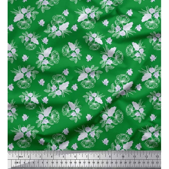 Soimoi Green Moss Georgette Fabric Leaves & Jasmine Floral Printed Fabric 1 Yard 42 Inch Wide