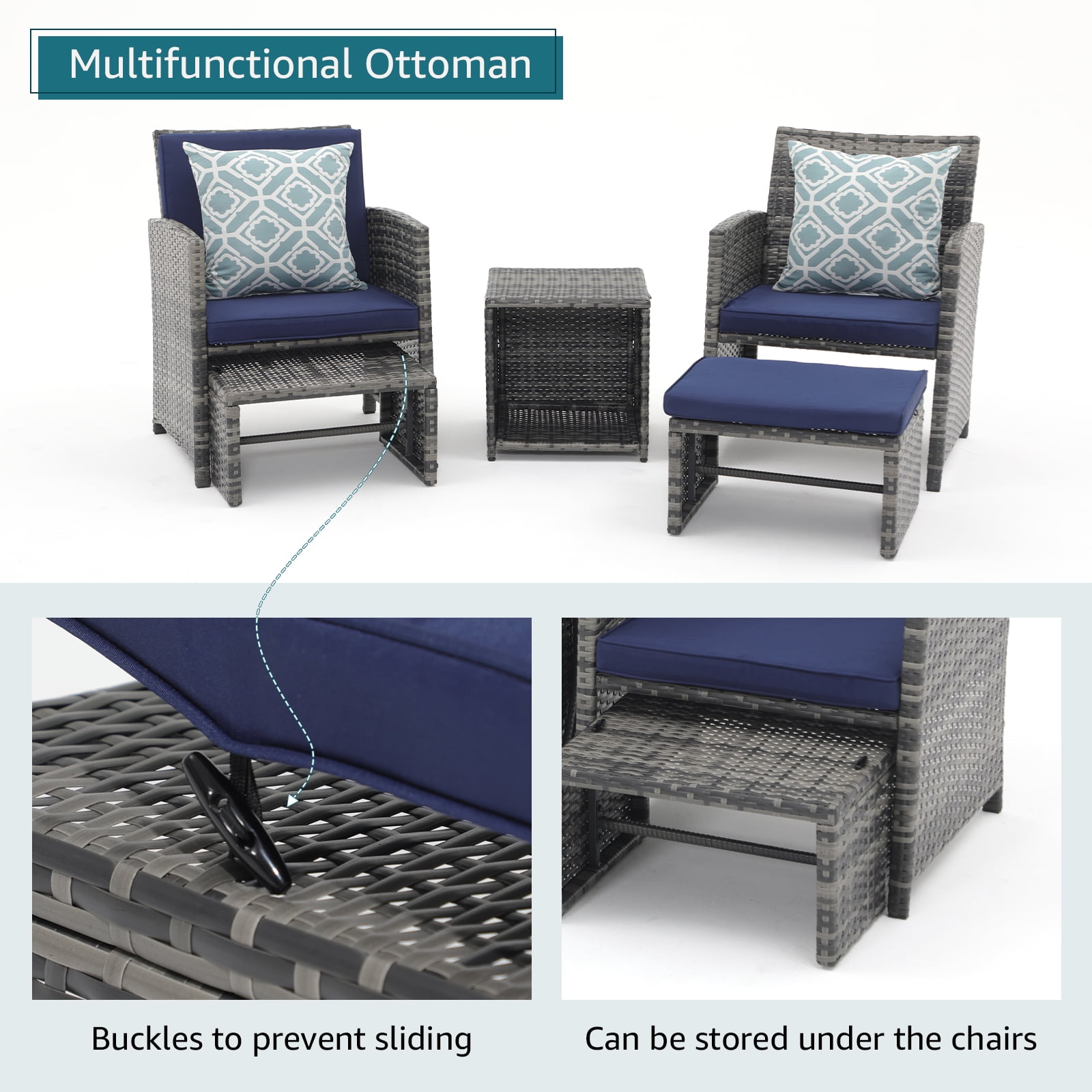 JOIVI 5 Piece Patio Furniture Set, Wicker Outdoor Conversation Chair and Ottoman Set with Coffee Table, Pillows Included, Navy Blue
