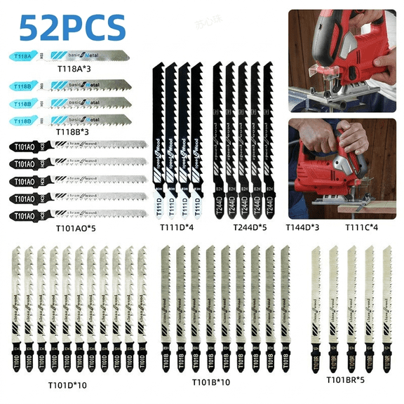 ROSEXIXI Miter Saw 52Pcs T-Shank Jigsaw, High Carbon Steel Metal Cutter Assorted Blades, High Speed Steel Electric Saw for Wood Cutter Machine Circle Cutting Tool Chop Cutting Tools for Woodworking