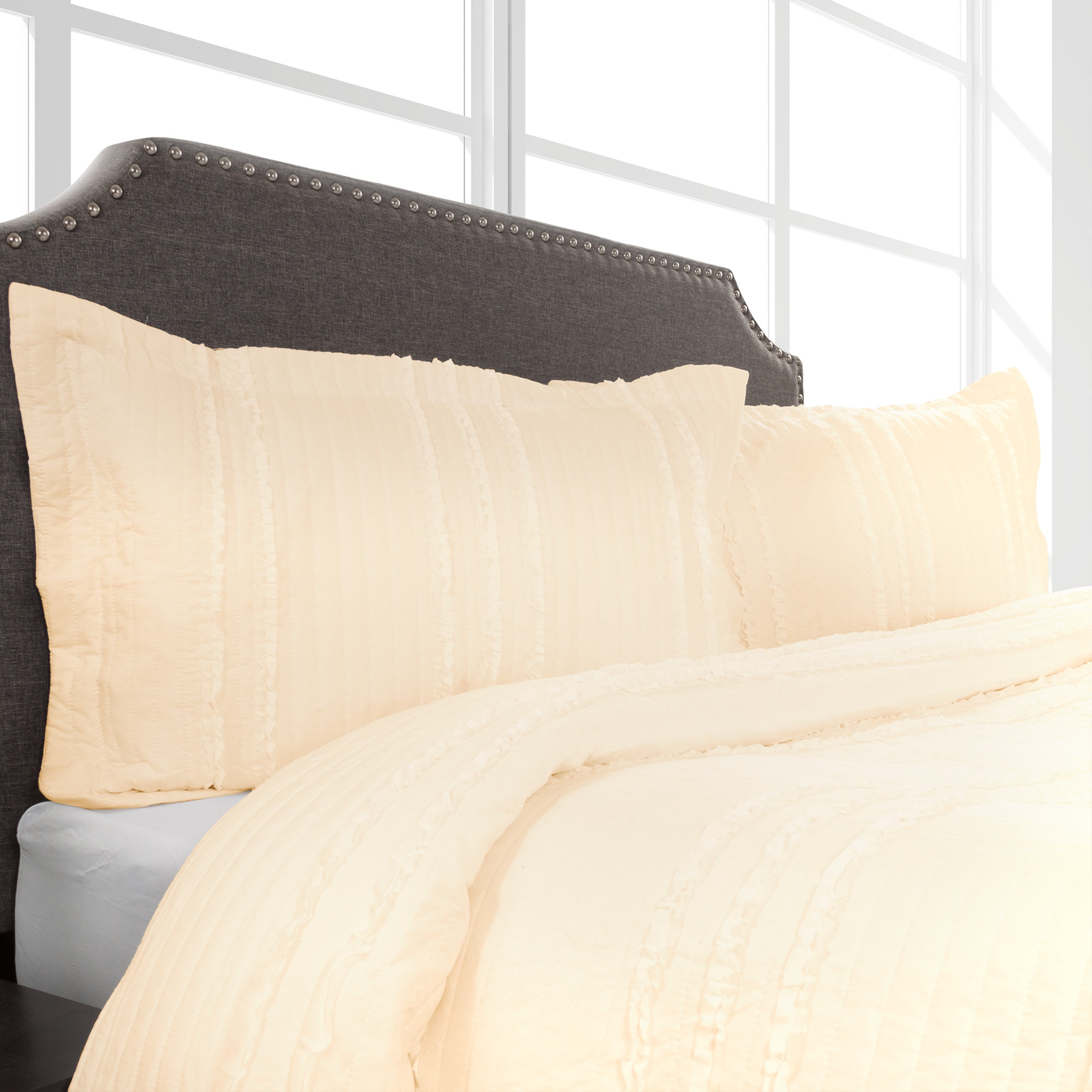Green Hypoallergenic 2 Piece Oversized Twin Quilt Bed Set with Striped Ruffle Design Quilt and Sham Set Kadyn Series By Lavish Home