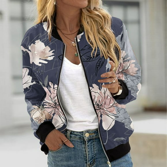 lcziwo Todays Deals Women's Bomber Jacket Lightweight 2024 Causal Floral Zip Up Coats Long Sleeve Stand Collar Fall Jackets Outerwear Tops Gray,M