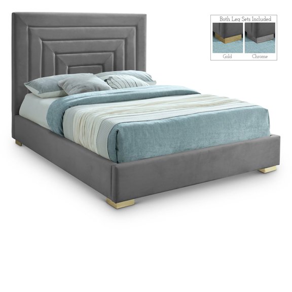 Meridian Furniture Nora Gray Velvet Queen Bed with Gold/Chrome Legs Included