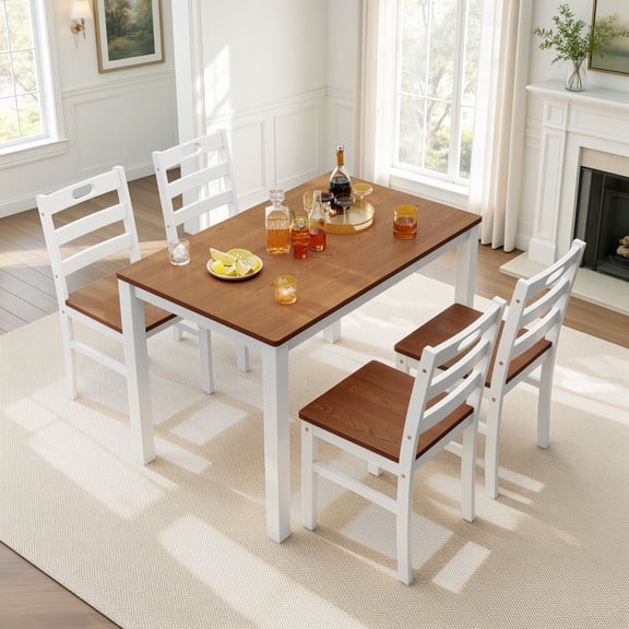 Alpha Joy Farmhouse Dining Table Set for 4 Solid Wood Kitchen Chairs and Table Set, Walnut & White