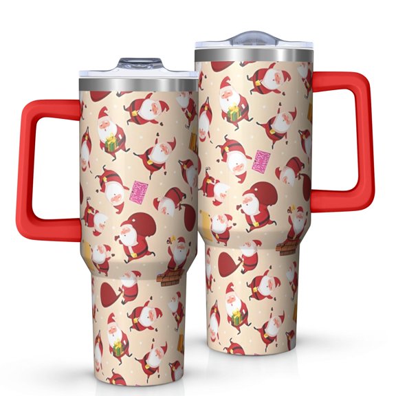 Beige Christmas Santa Pattern Tumbler with Handle and Lid,40oz Double Wall Vacuum Insulated Tumbler,Cups Gift for Women and Men
