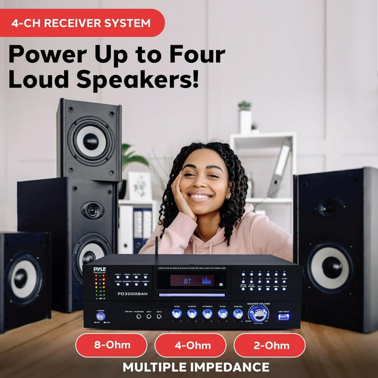 Amplificatore Audio Pyle 4 Canali 800W - Con Bluetooth, Karaoke, USB, SD, AUX, RCA, FM, Per Home Theater