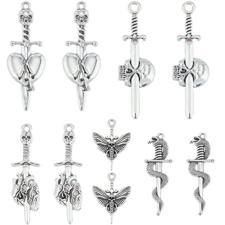 1 BOX 40PCS Silver Swords Charms Gothic Charms Tibetan Goth Head Weapon Fencing Moth Charm Bulk for Jewelry Making Charms Earrings