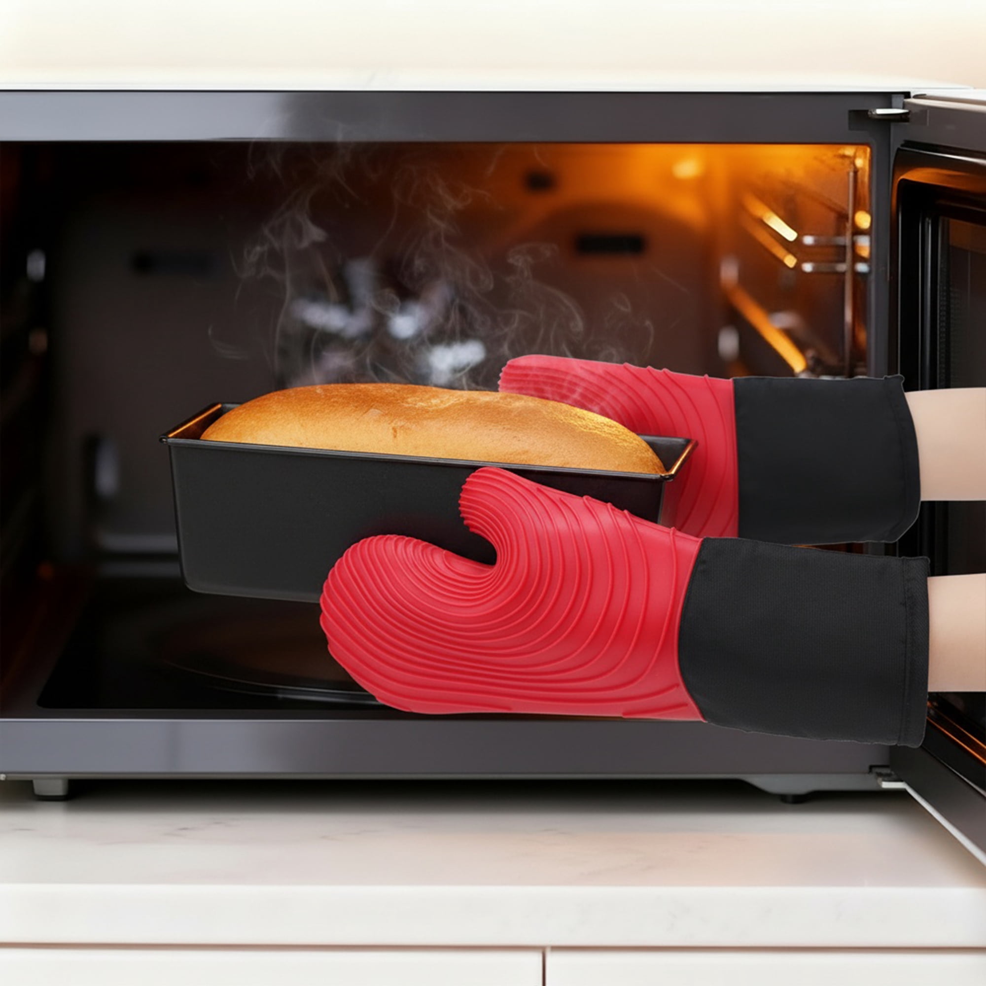 Unique Bargains Cotton Oven Mitts Heat-Resistant Cooking Gloves Red 13.4x7.1inch