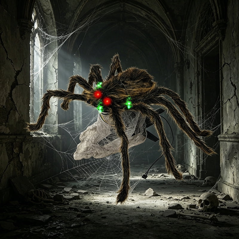 Halloween Animated Jumping Spider Decoration, Scary Electric Bouncing Spider with Sound and Light Effects, Realistic Plush Spider Prop for Haunted Houses, Parties, Yards, and Indoor/Outdoor Decor