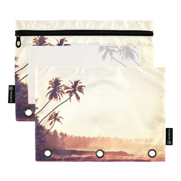 2 Pack Pencil Pouch for 3 Ring Binder Tropical Beach Pencil Case Clear Window Zipper Pencil Bag Organizers