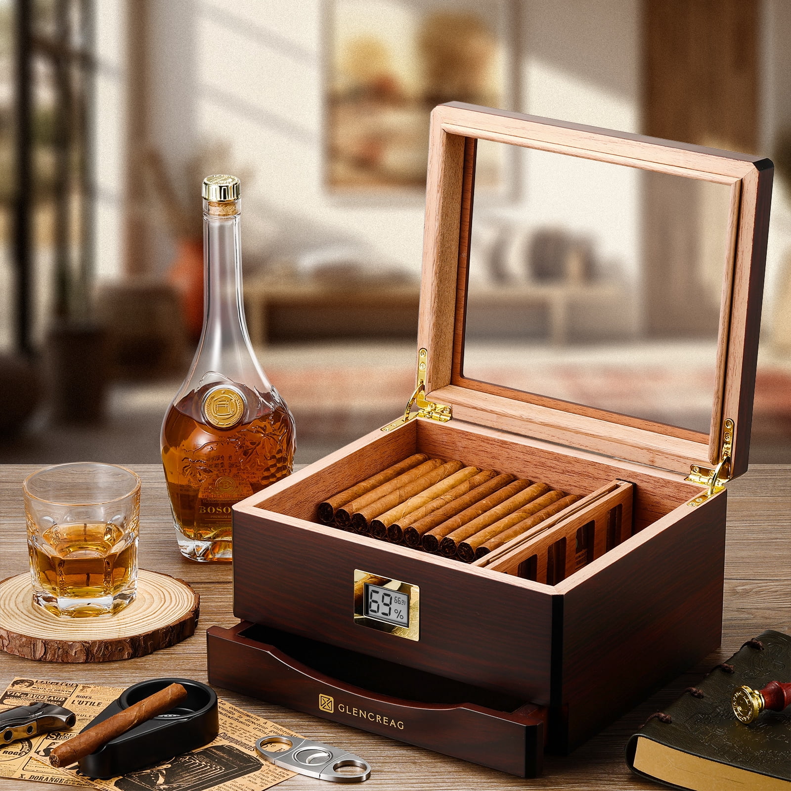 GLENCREAG MMT-3041 Cigar Humidor Box for 25 to 55 Counts, Glass Top with Spanish Cedar Lining & Divider, Gift for Cigar Lover