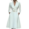 thumbnail image 2 of Women's Work Dress Office Dress Long Sleeve V-Neck Solid Color Waist Defining Full Skirt Maxi Dress for Commuting Spring Fall,White,S, 2 of 4