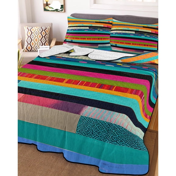 Colorful Striped King Size Down Alternative Comforter, Lightweight Comforter Quilt Bedding Set with Pillow Shams Modern Abstract Art Retro All Seasons Bed Comforter Duvet Insert 96"x106"