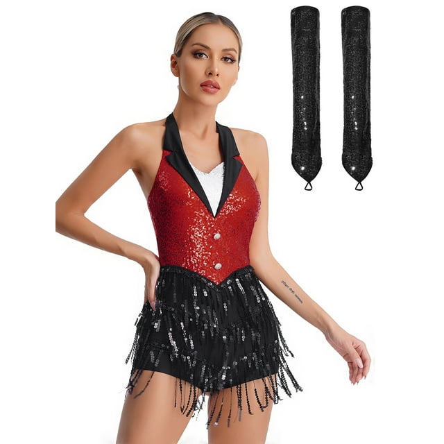 Kvysinly Costumes de Danse Tango Jazz Latine pour Femmes Justaucorps Dos Nu à Franges avec Gants Tenue Tango Rumba Rouge TG