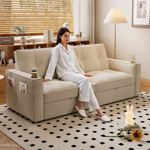 73.2” Corduroy Convertible Sofa Bed with Side Storage Pockets and Cup Holders for Living Rooms, White