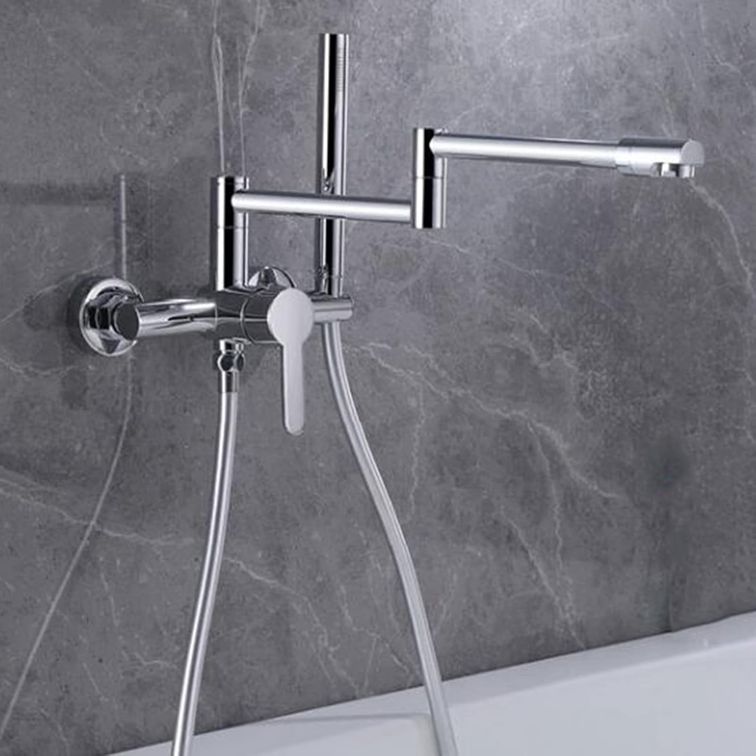 Bathtub Faucet with Shower Folding Hot and Cold Water Brass Swivel Multifunction Bath Taps Wall Mounted-Black