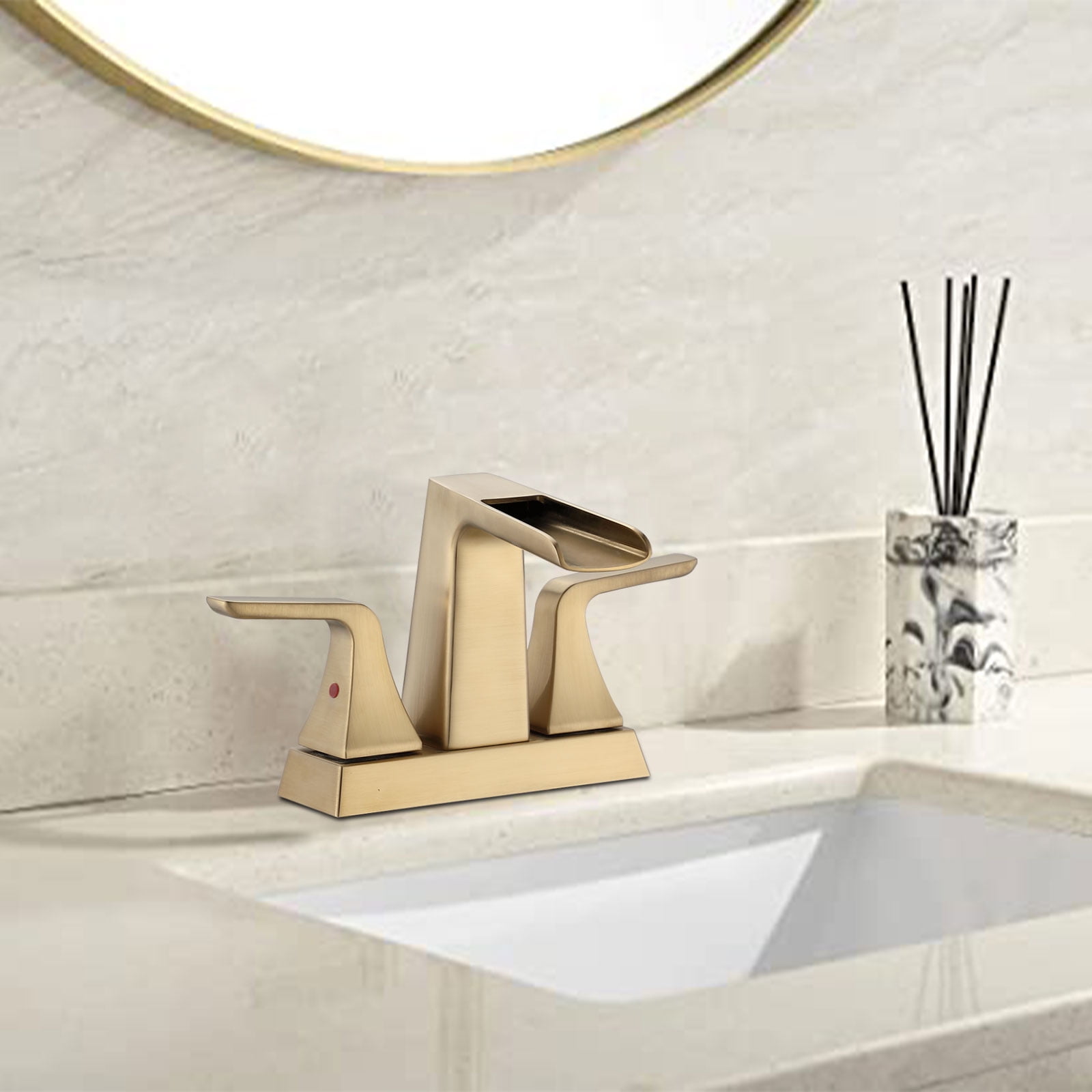 MAYEERTY Modern Brushed Golden 4" Centerset 2-Handle Waterfall Bathroom Sink Faucet Ceramic Cartridge