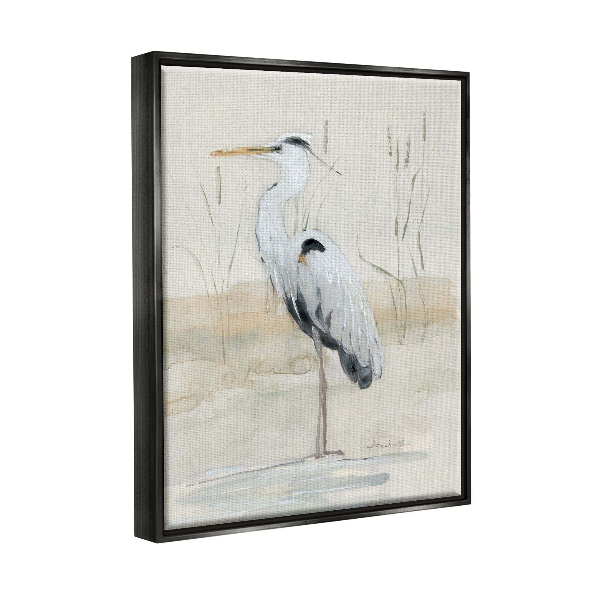 Stupell Industries Heron Bird Riverbank Watercolor Coastal Painting Black Floater Framed Art Print Wall Art