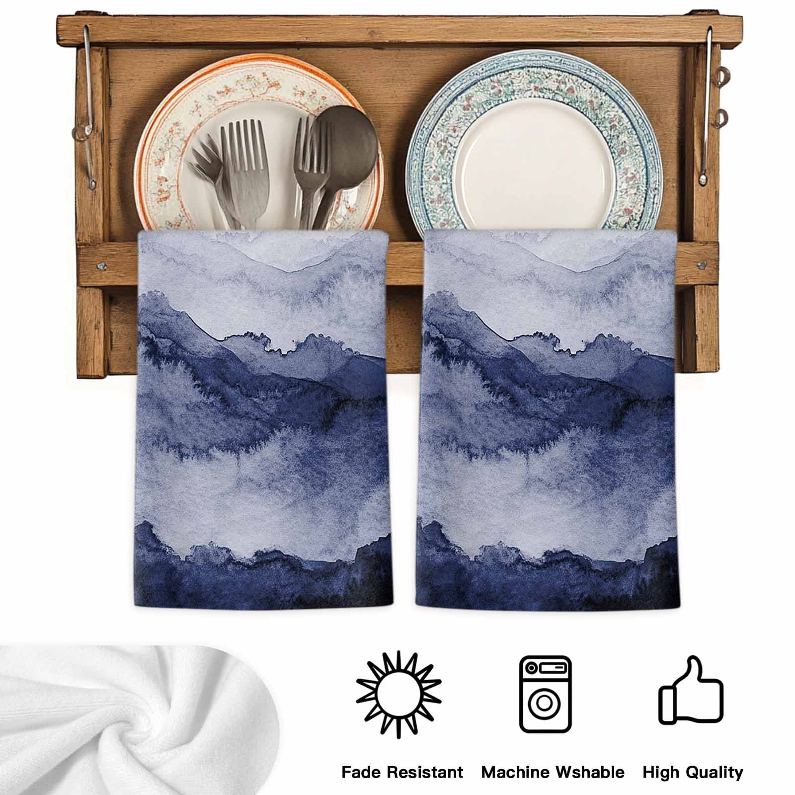 Dish Towels, Navy Blue Mountain Absorbent Kitchen Towels 2 PCS, Ombre Abstract Natural Microfiber Hand Towels Dish Cloths Tea Towels for Home&nbsp;Bathroom Cleaning Drying,18X28-Inch,