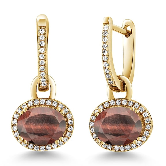 Gem Stone King 3.84 Ct Oval Red Tiger Eye 18K Yellow Gold Plated Silver Earrings