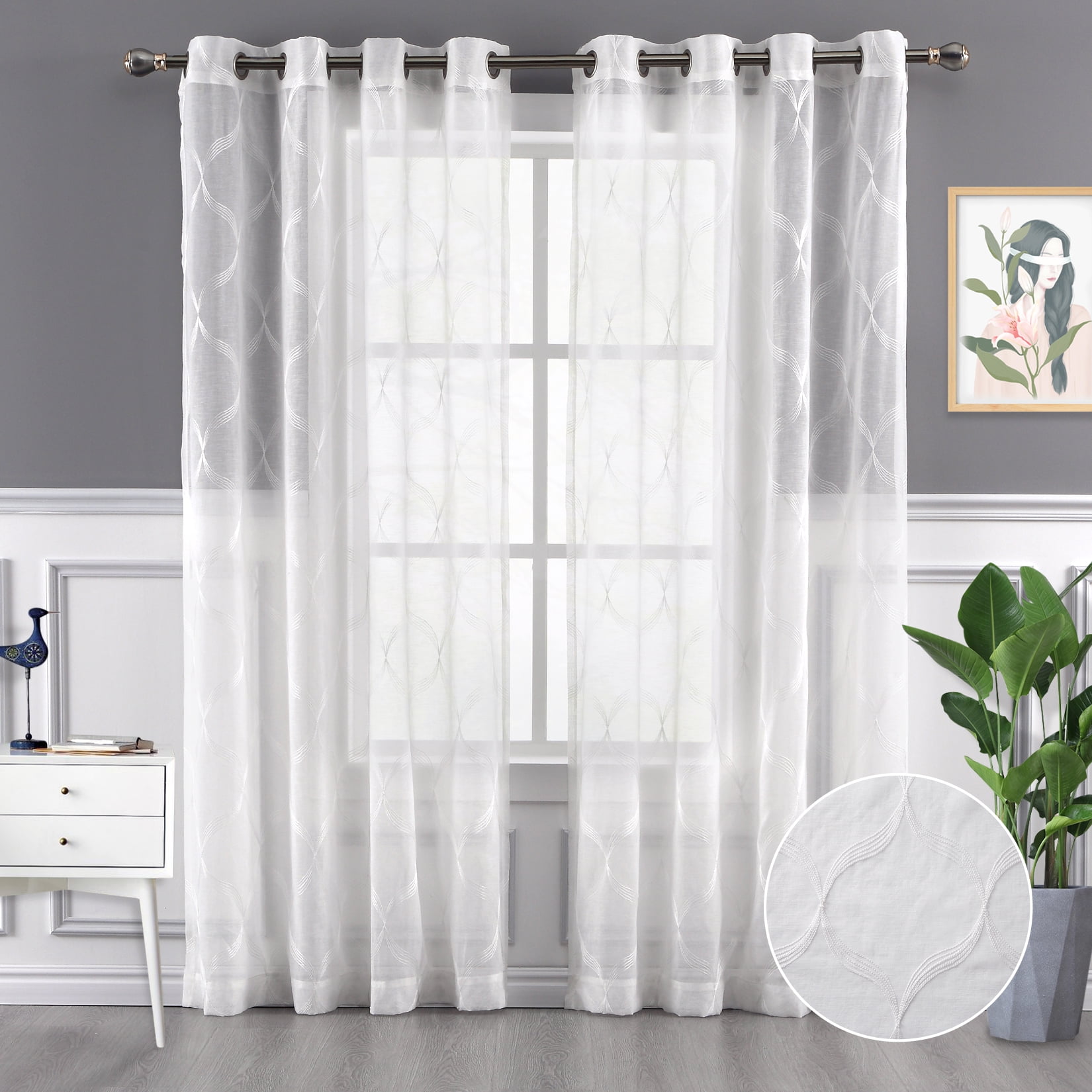 HOMERRY 52'W x 84'L White Sheer Curtains Water Ripple Embroidered Faux Linen Light Filtering Drapes for Living Room Bedroom, 2 Panels