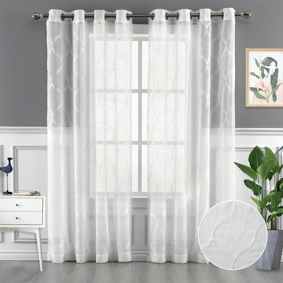 Haperlare 52"W x 95"L White Sheer Curtains Water Ripple Embroidered Faux Linen Light Filtering Drapes for Living Room Bedroom, 2 Panels