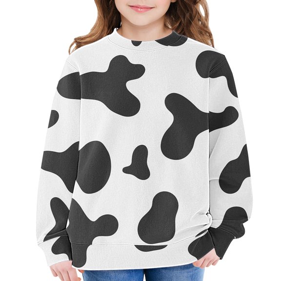 Coerni Girls Cow Print Sweatshirt Crewneck Long Sleeve Pullovers Casual Baggy Tops for Teen Kids Fall Fashion Daily Wear