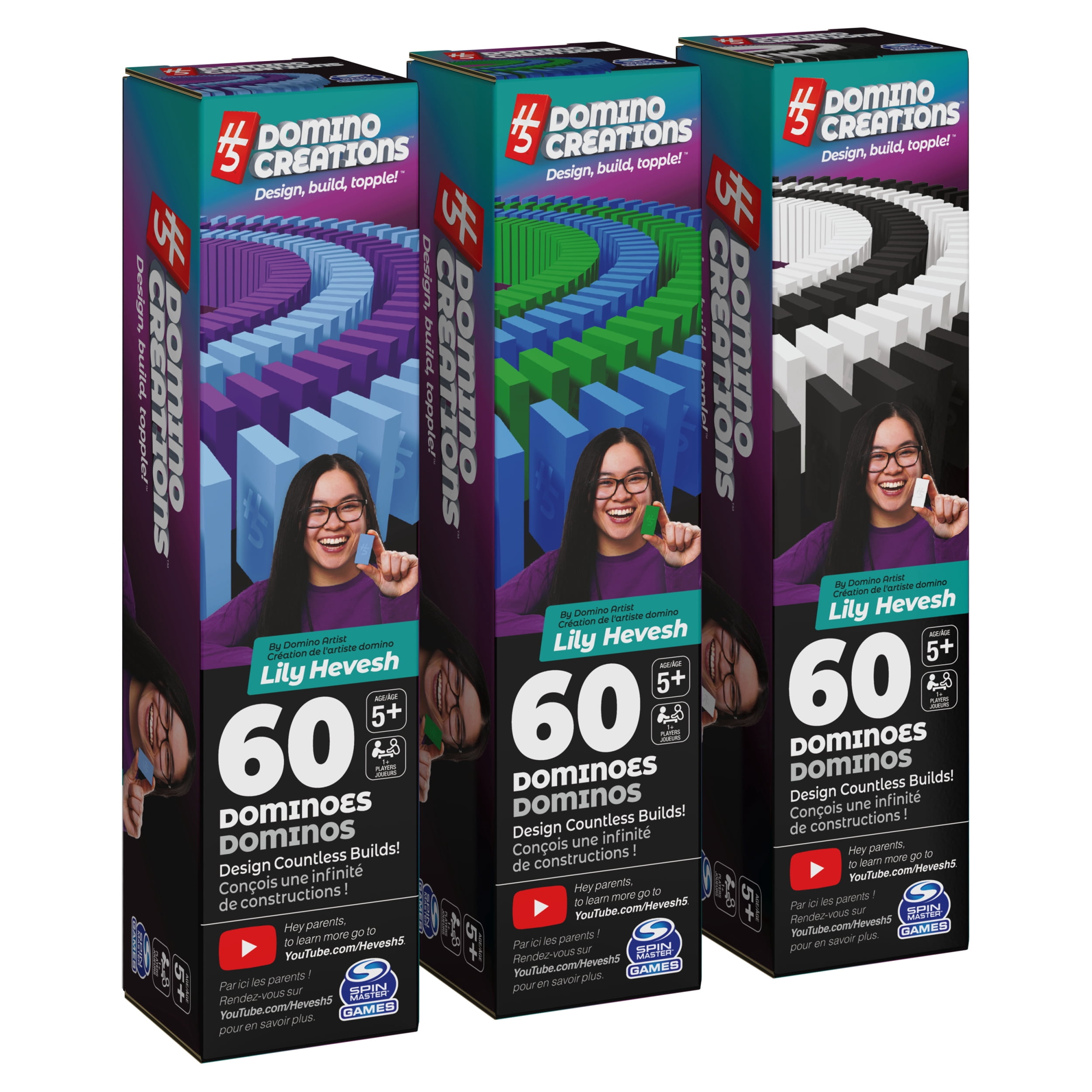Spin Master Games, H5 Domino Creations, 180-Piece Dominoes Set by Lily Hevesh Colorful 3-Pack Bundle of 60-Piece Packs, Family Games for Ages 5+