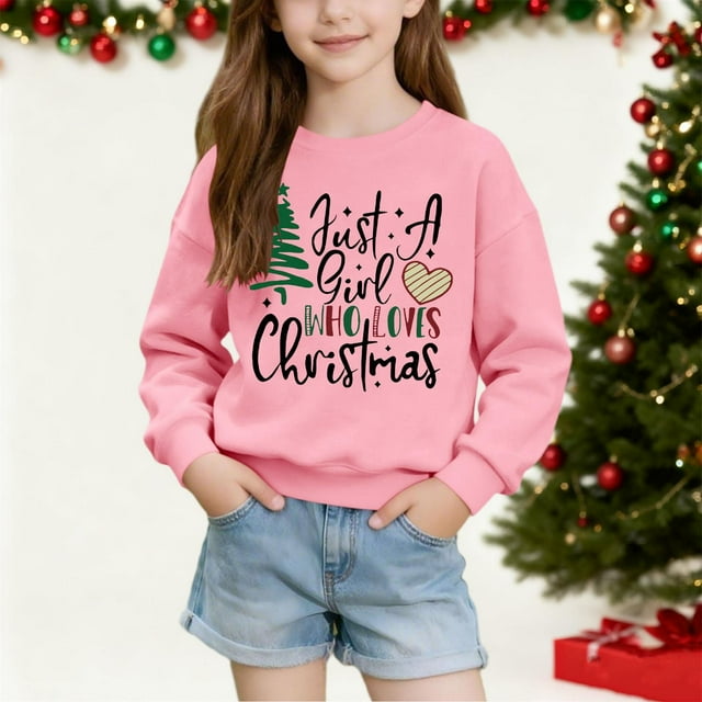 Cowsor Chandails en Molleton Filles Enfants Mignons Graphiques Col Rond Chandail Tops Manches Longues Chemises de Vacances