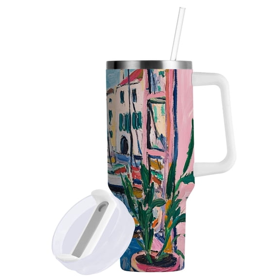 Yayeee 40oz Double-Wall Insulated Stainless Steel Tumbler with Handle Bottle, Blue Plants Window