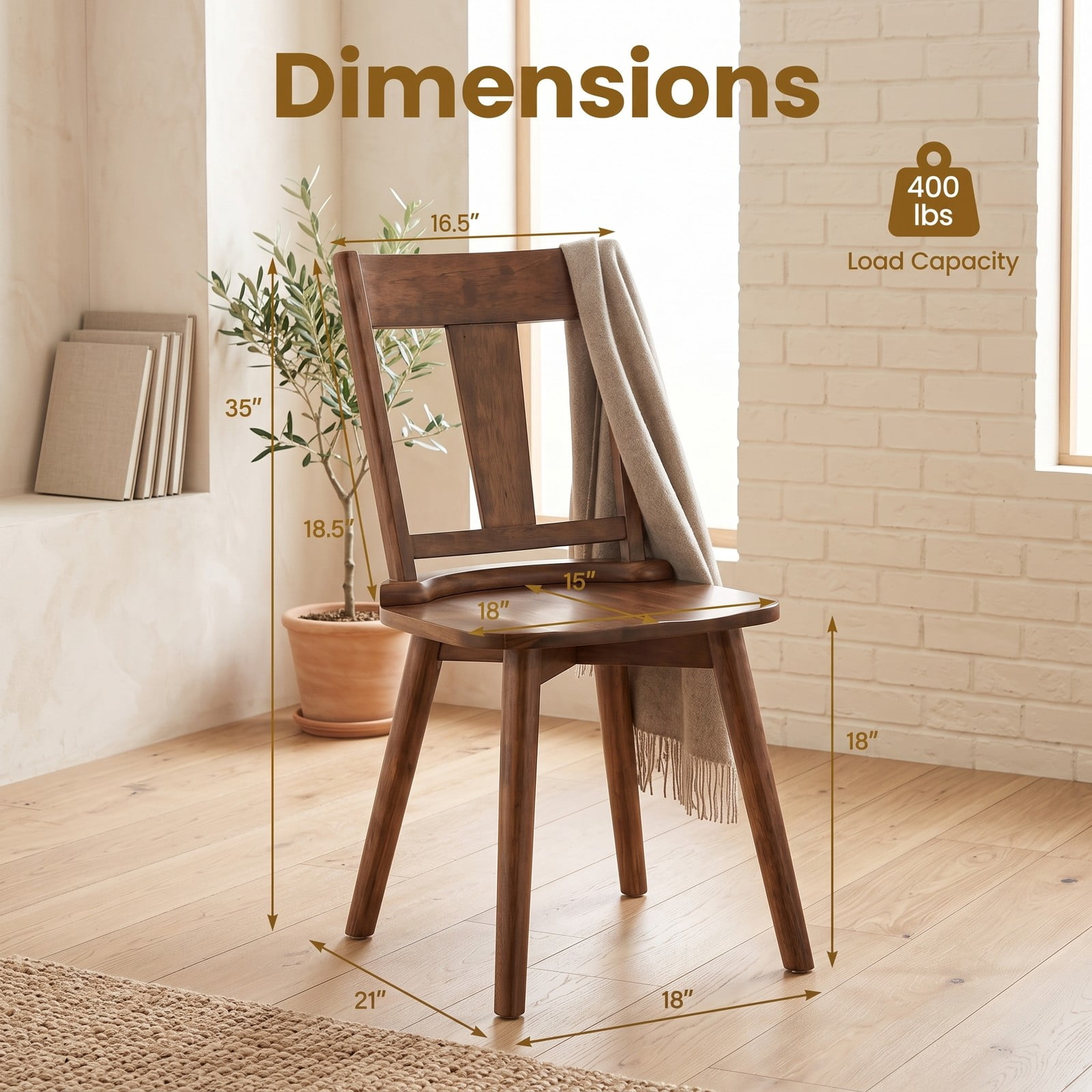 Furnibear Dining Chairs Set of 2 with Solid Rubber Wood Backrest, Ergonomic Slatted Kitchen Dining Room Side Chairs with X-Shaped Base, 400 lbs Capacity, Walnut