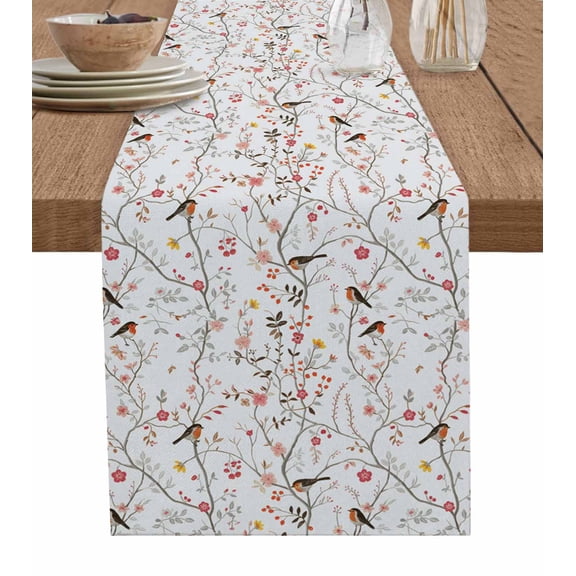 Flowers Birds Table Runner 48 Inches, Spring Botanical Floral Tree Branches Bed Runner Dresser Scarves Tabletop for Indoor Outdoor Parties/Ceremony/Banquet, 13" x 48"