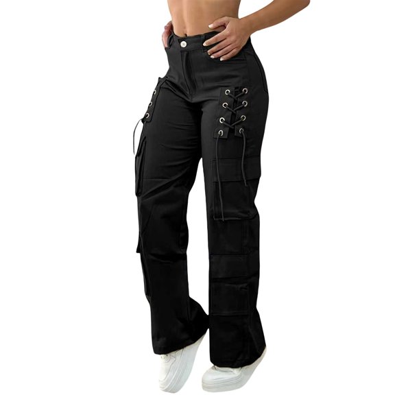 Levmjia Women's Cargo Pants High Waisted Utility Pants with Multiple Pockets Lace Up Side Casual Loose Fit Workwear Trousers