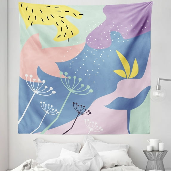 Pastel Tapestry, Modern Graphic Creative Art Design with Abstract Natural Shapes and Flowers, Fabric Wall Hanging Decor for Bedroom Living Room Dorm, 5 Sizes, Multicolor, by Ambesonne