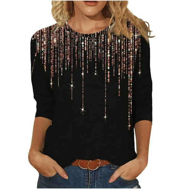 Mujeres 3/4 mangas camisas casuales pulóver suelta túnica Tops estampado O-cuello blusa Fridja hkj698