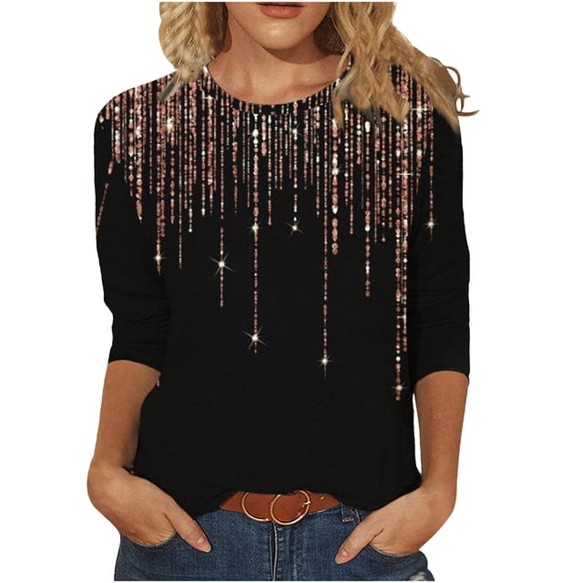 VEKDONE Chandails en Molleton à Manches 3/4 pour Femmes, Liquidation 2025, Imprimé Flash Tendance, Col Rond, Blouse Décontractée, Coupe Ample, Tuniques Légères, Noir TG