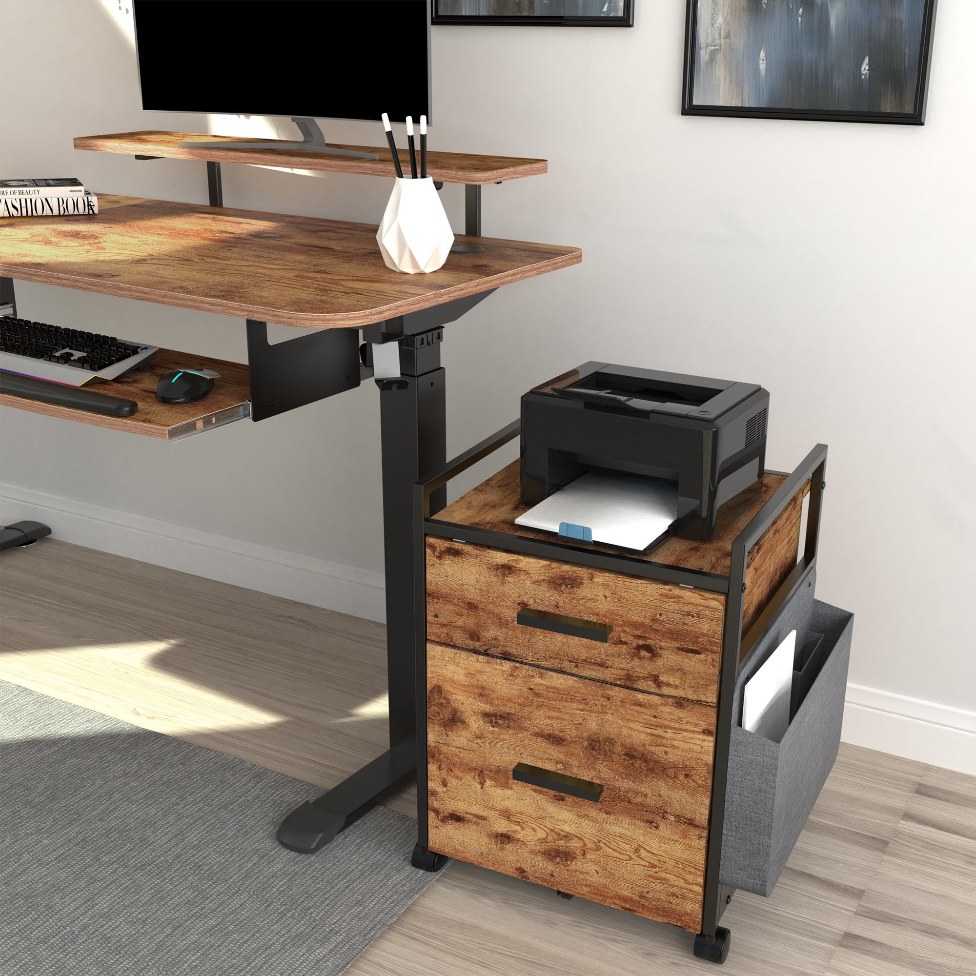Designa File Cabinet 2 Drawers, Rolling File Cabinet with Bag for Home Office, Under Desk Rolling File Cabinet, Wood Filing Cabinet, Printer Stand with Storage, Rustic Brown