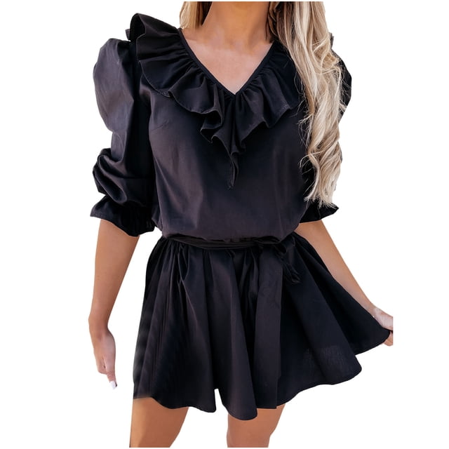Leutsin Robe Courte Mini pour Femmes à Col en V, Unie, à Manches Courtes, à Volants, avec Ceinture