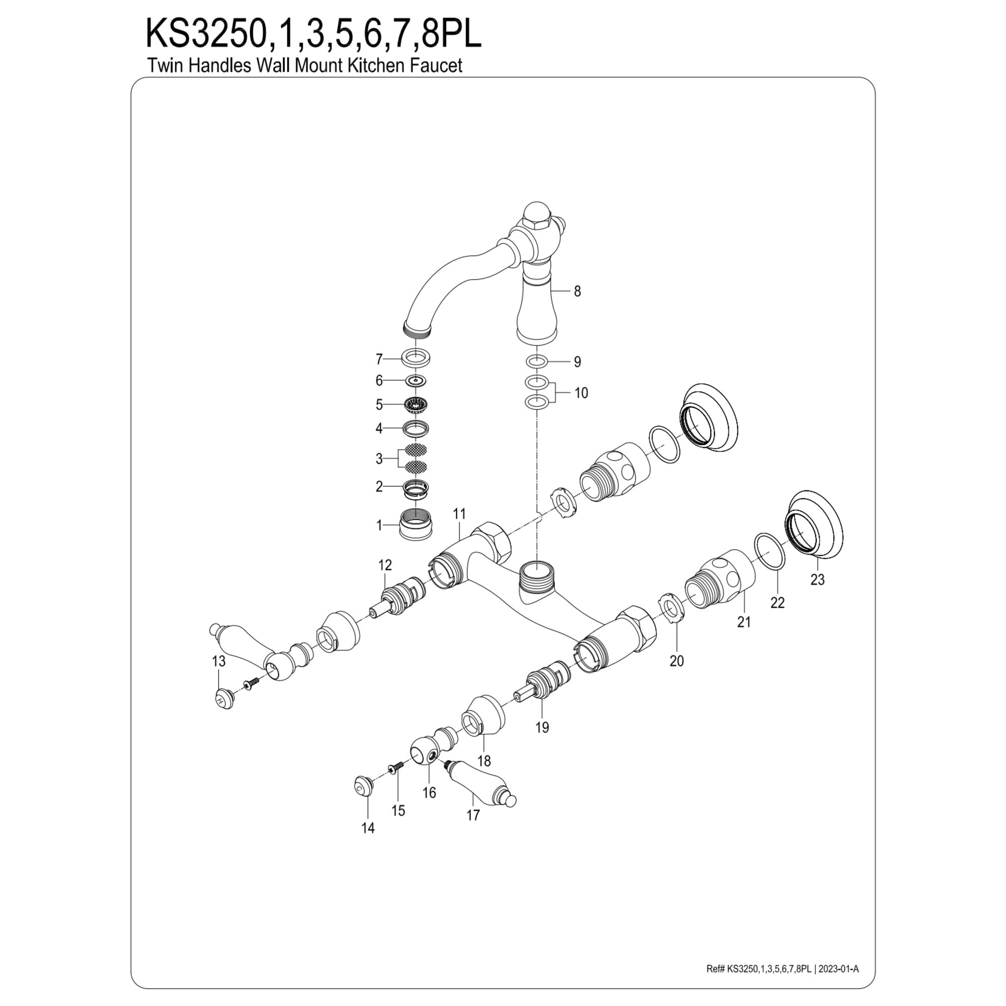 Kingston Brass KS3250PL Vintage Double-Handle Wall-Mount Bridge Kitchen Faucet, Matte Black