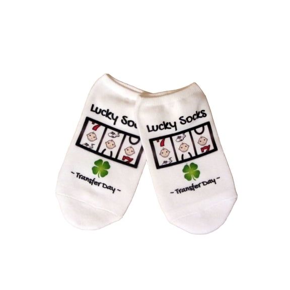 IVF Jackpot Lucky Transfer Day Socks - Womens Medium White no show IVF Socks Lighter