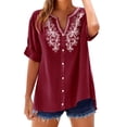 thumbnail image 2 of Qwertyu Linen Shirts for Women Spring Summer Casual Short Sleeve Embroidered Boho Tops Loose Fit Button Down Blouses Trendy Dressy V Neck Work Shirts Wine M, 2 of 6