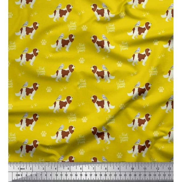 Soimoi Yellow Modal Satin Fabric Bird,Paw & Cocker Spaniel Dog Printed Craft Fabric by the Yard 42 Inch Wide