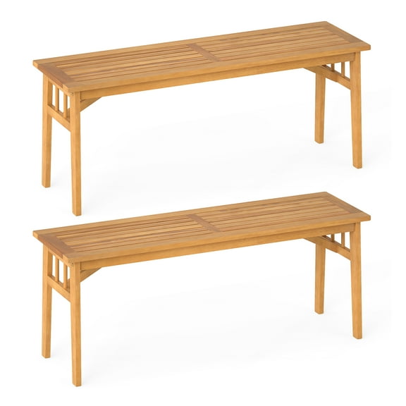 Patiojoy Set of 2 Acacia Wood Patio Bench for 2 People 48" Long Dining Bench w/ Slatted Seat
