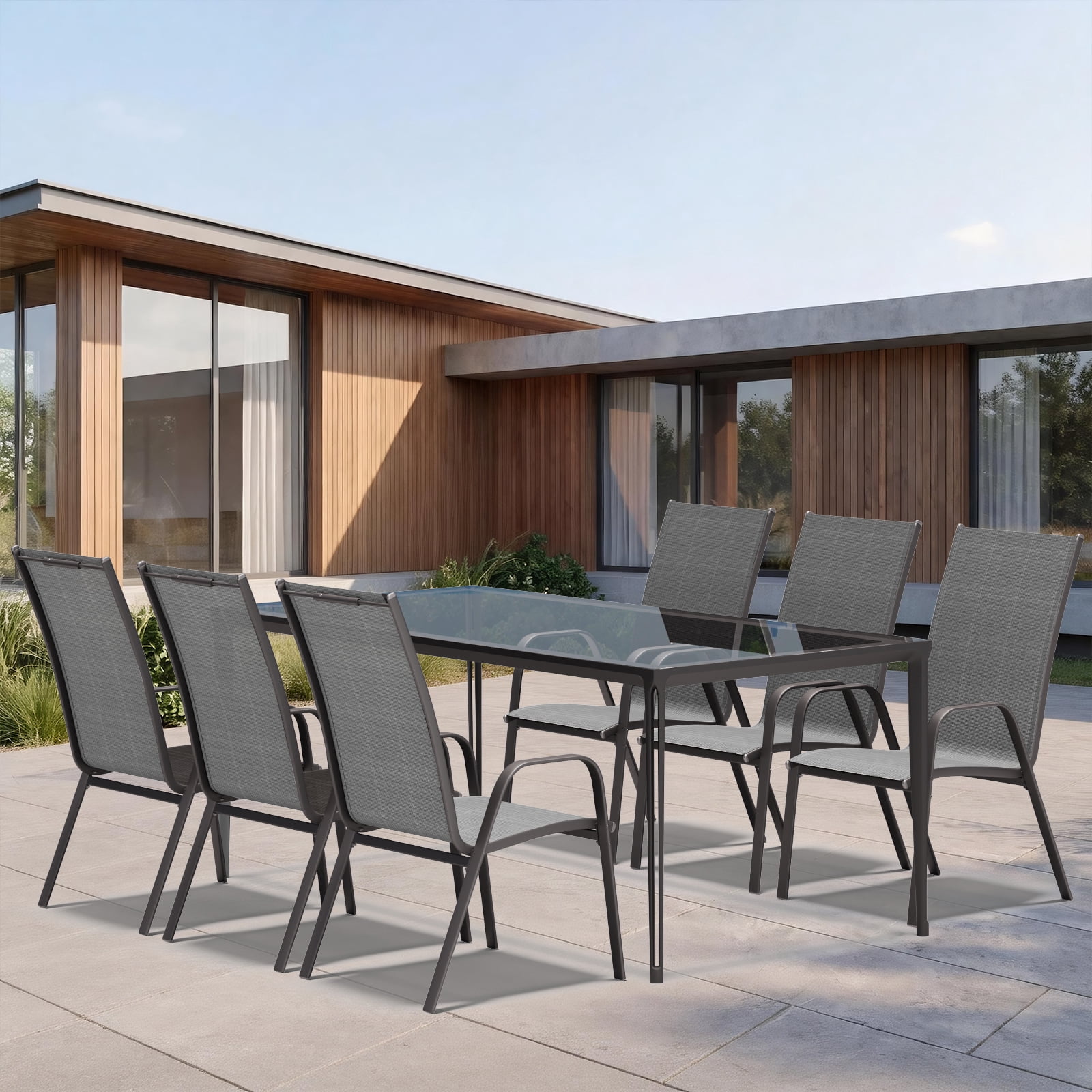 FUNDAZE Outdoor Dining Chairs Set of 4, Patio Dining Chair Stackable Armrest Patio Chairs Space Saving for Garden Backyard Deck, Gray