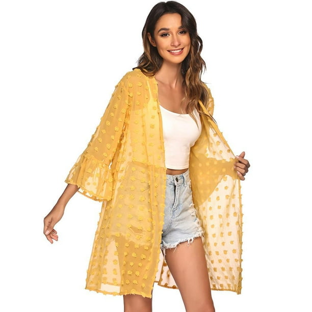Women's Swimsuit Coverup Beach Chiffon Cardigan Sheer Open Front 3/4 Sleeve Bathing Suit Cover