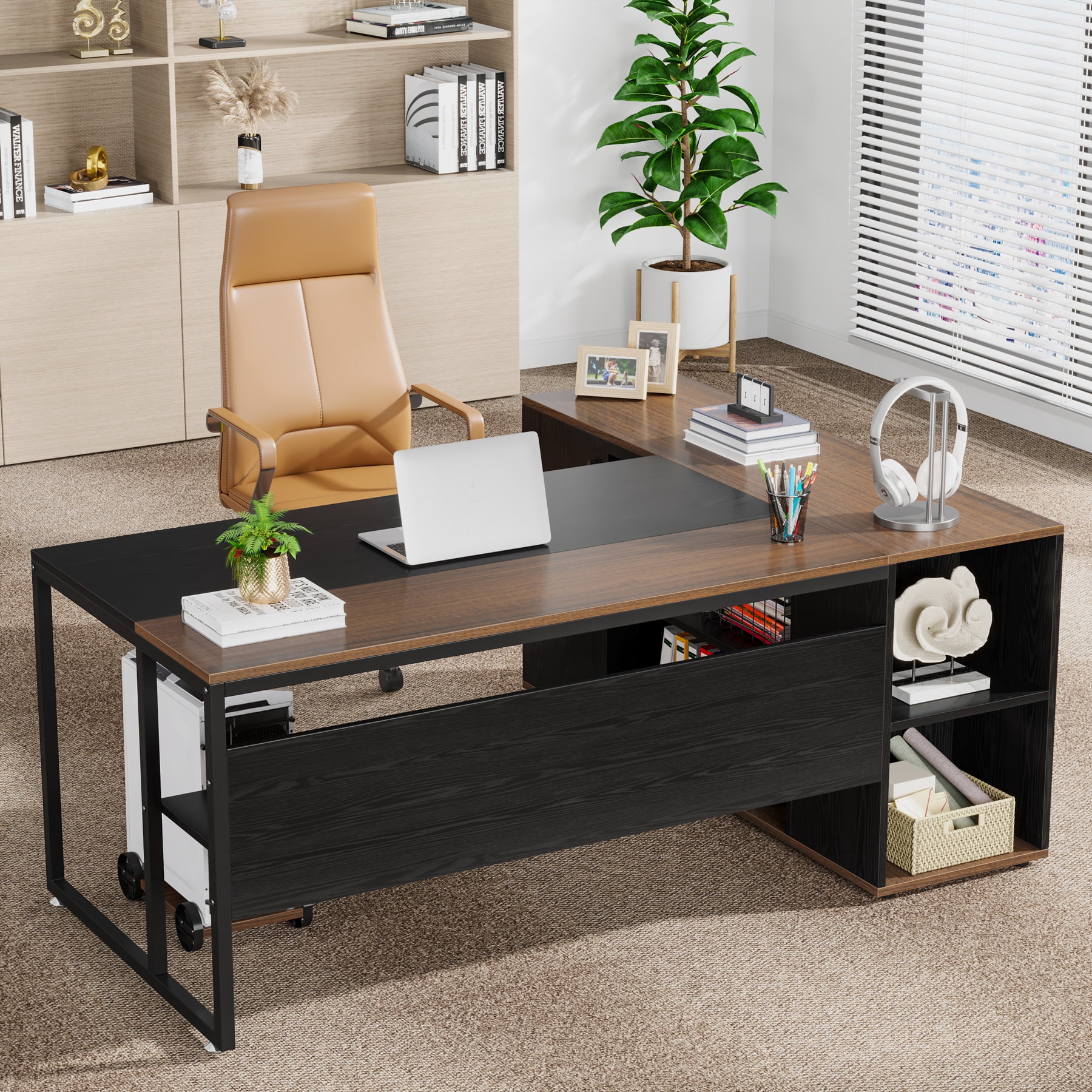 71-Inch L-Shaped Executive Desk, Large Office Desk with Shelves and Cabinet, Brown and Black