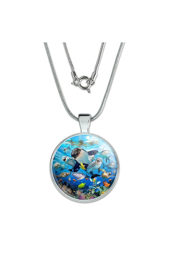Underwater Ocean Selfie Orca Shark Dolphin Sea Turtle Coral 1" Pendant with Sterling Silver Plated Chain