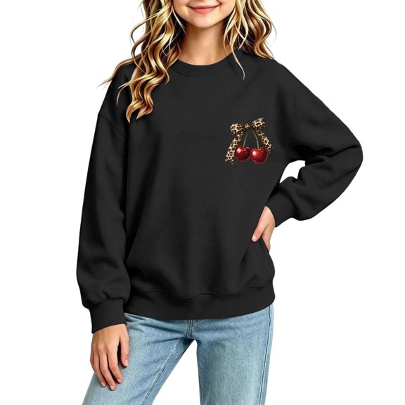 Fall Hoodless Sweatshirts for Girl Loose Leopard Bow Cherry Printed Long Sleeve Crew Neck Solid Color Fashion Casual Pullover Tops Black 2-3 Years