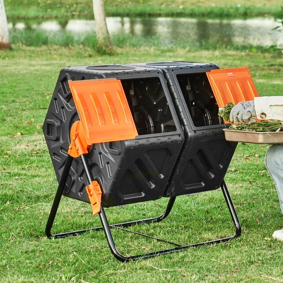 KFFKFF Compost Bin, 37-Gal Capacity, Dual Chamber Design, with Two Sliding Doors and a Sturdy Steel Frame, BPA-Free, Ideal for Garden, Kitchen, Yard, Outdoor Use