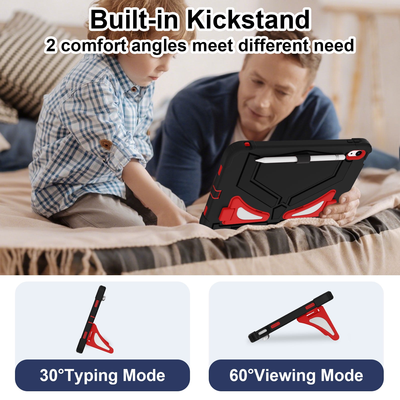 Dteck Case for 2025 Apple 11-inch iPad A16/ 10.9-inch iPad 10th Generation 2025 Cover with Pencil Holder Screen Protector Shoulder Strap Kicsktand Thickned Cornor for Kids Boys,Black Red